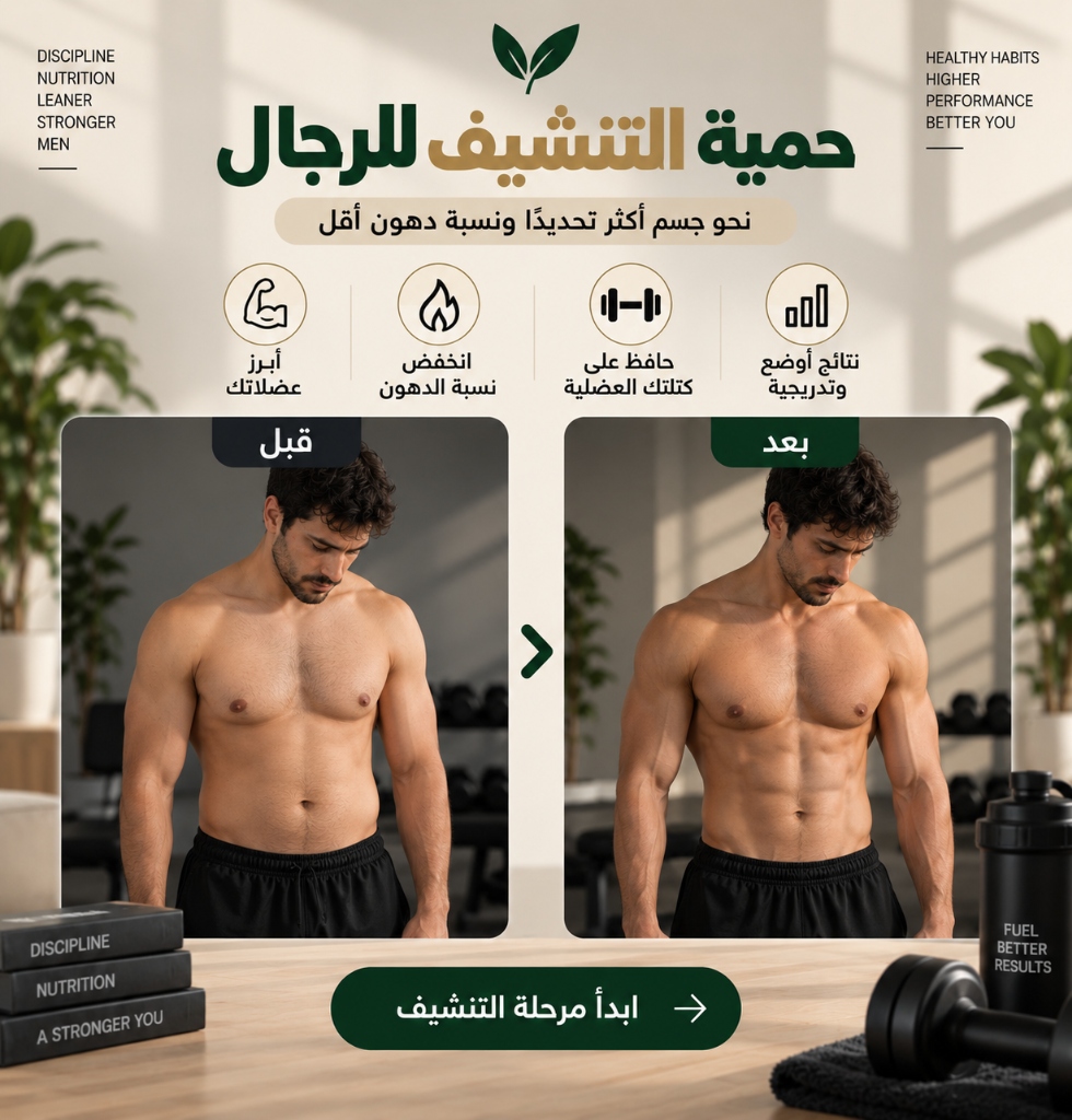حمية التنشيف للرجال - نحو 12–15% دهون وجسم محدد